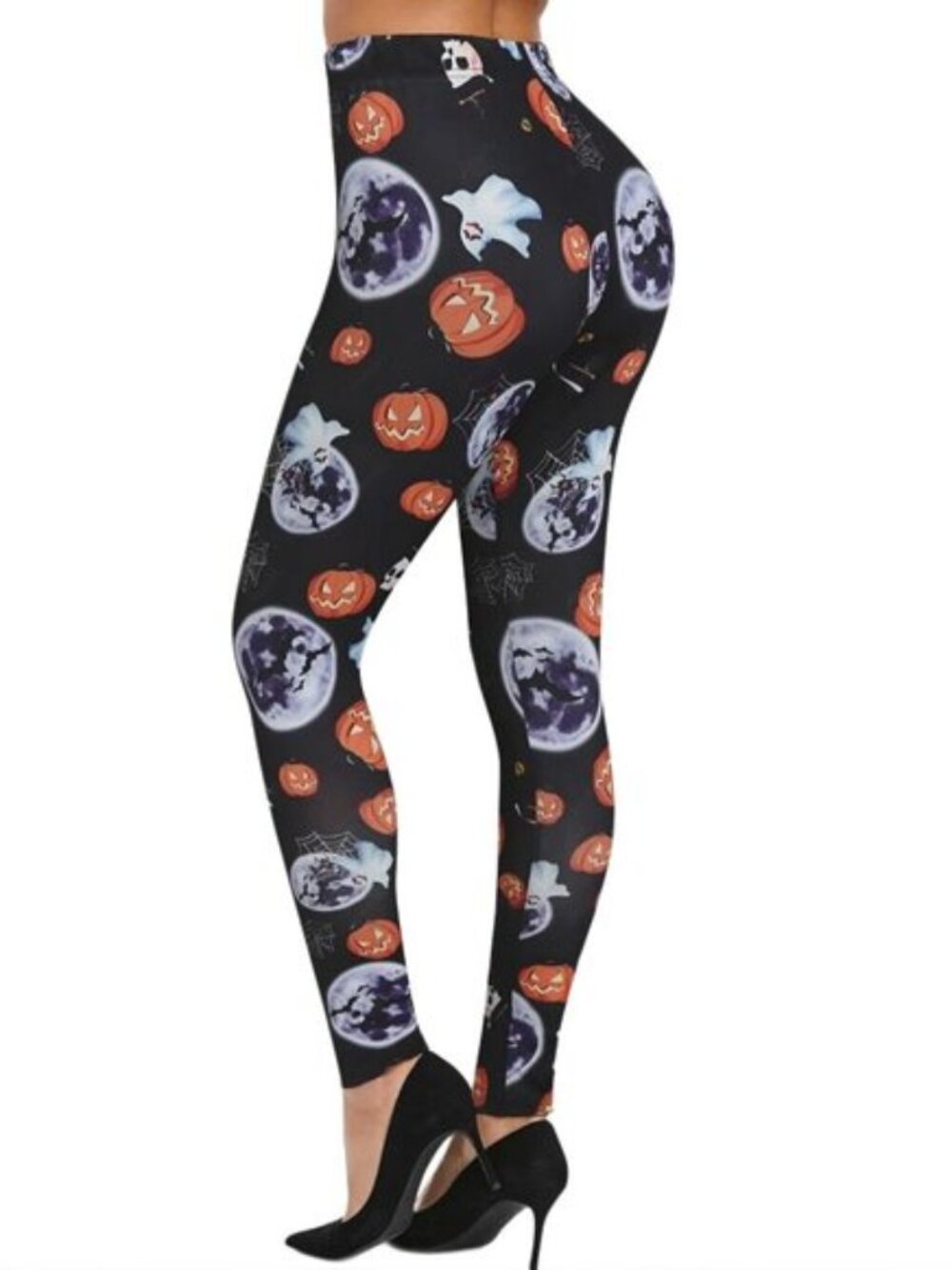 Halloween ✦ High-Waisted Stretch Leggings ✦ Pumpkins Ghosts Stars Print Black L